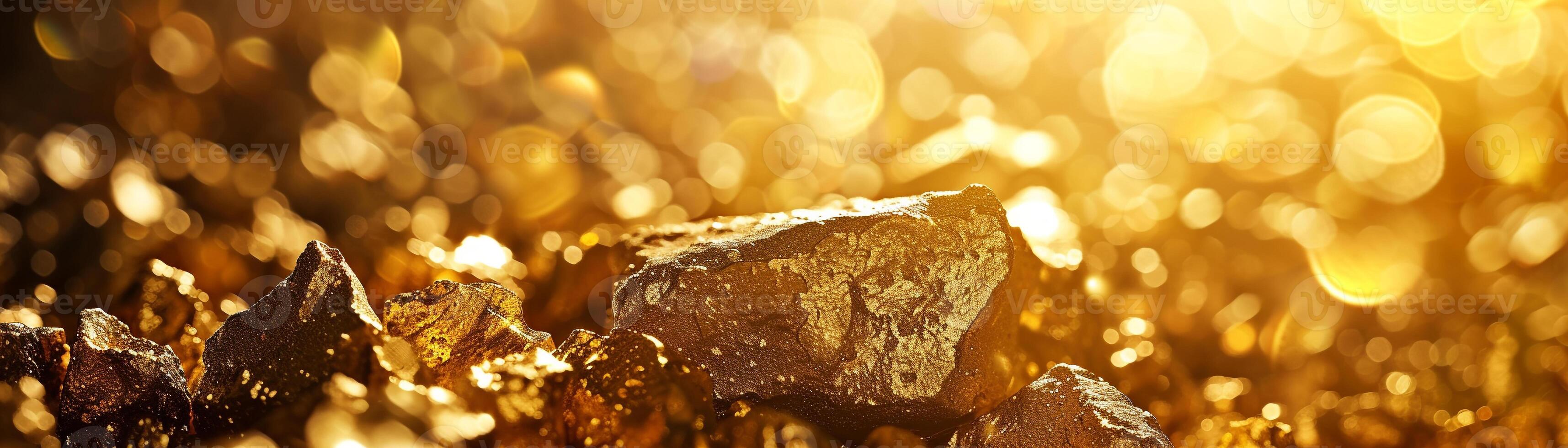 AI generated wide panoramic view of sparkling golden bokeh lights creating a festive and luxurious atmosphere.banner photo