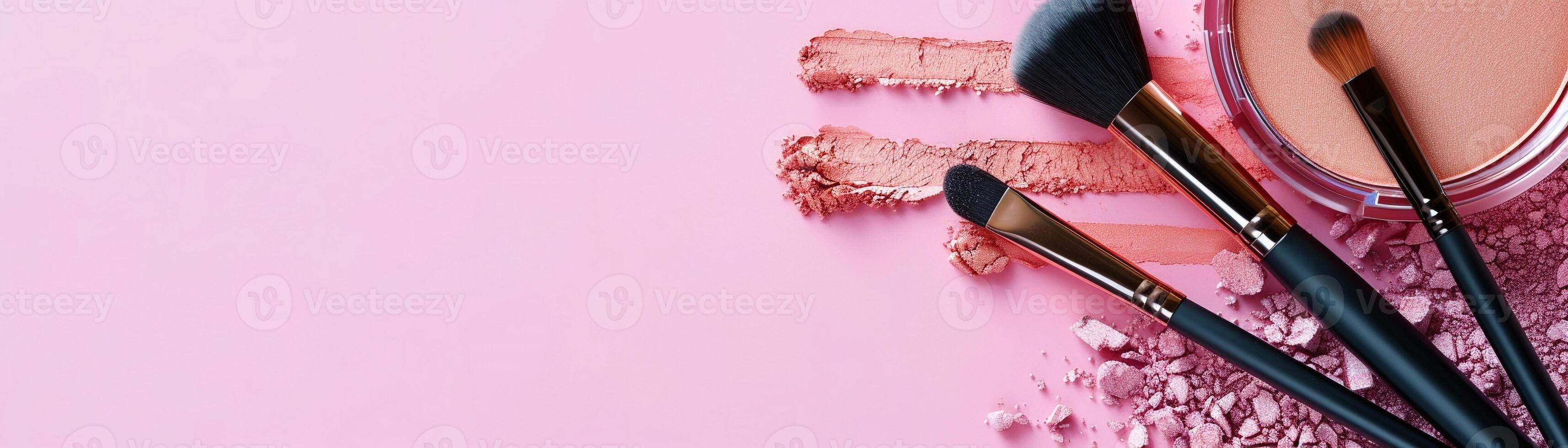 AI generated makeup brushes and cosmetic powders arranged neatly on a clean pink background. copy space banner. photo