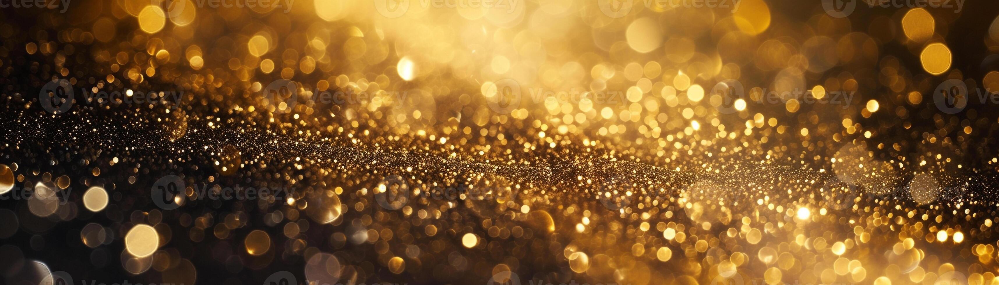 AI generated wide panoramic view of sparkling golden bokeh lights creating a festive and luxurious atmosphere.banner photo