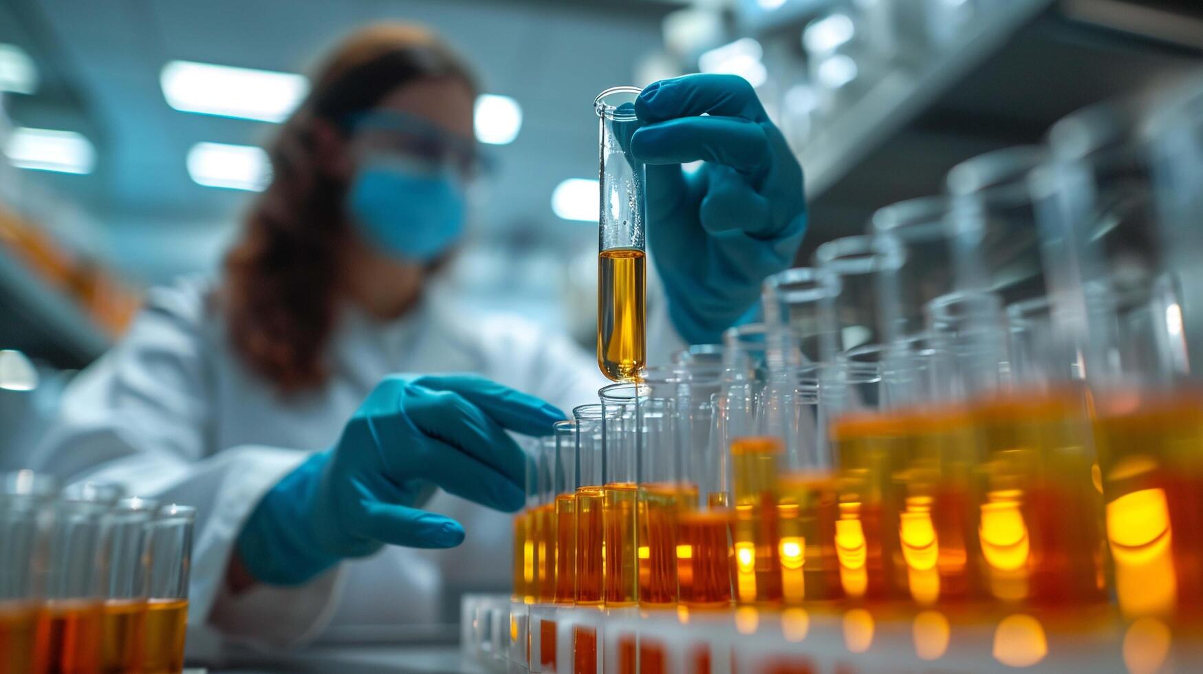 AI generated Researcher or scientist hands holding medical test tubes at laboratory with health technology. photo
