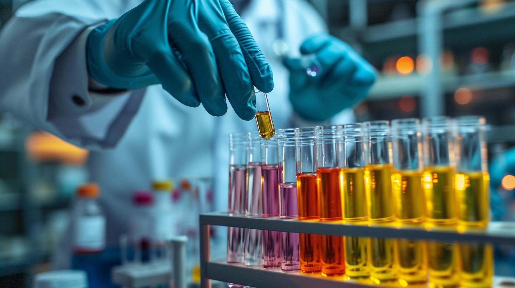 AI generated Researcher or scientist hands holding medical test tubes at laboratory with health technology. photo