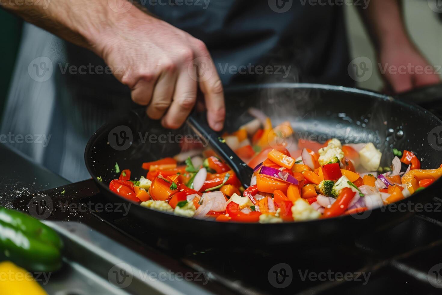 AI generated Man cooking vegetables in frying pan photo