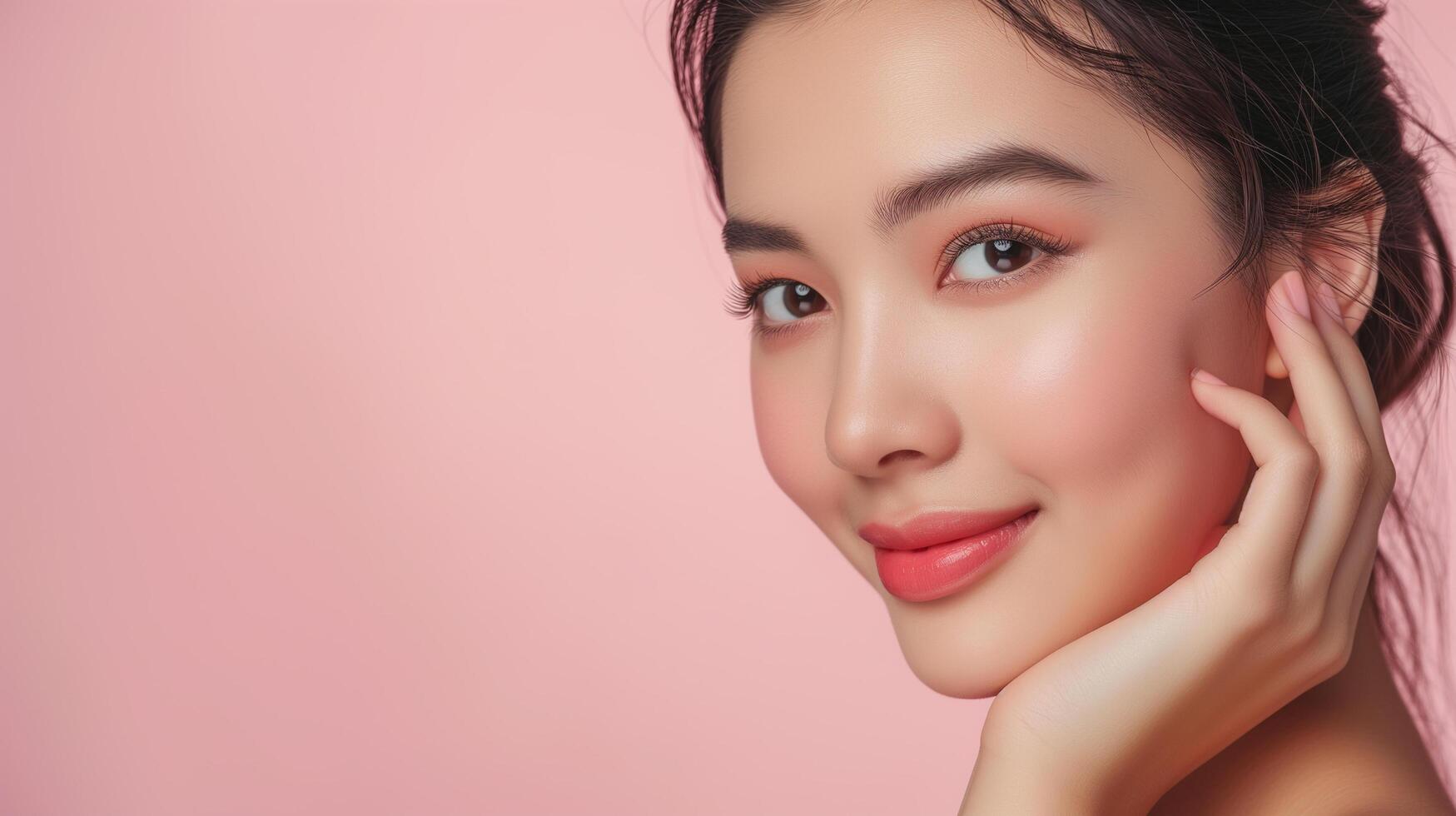 AI generated Portrait of beautiful happy Asian woman model touching healthy facial skin on clean background, cosmetics concept with copy space photo