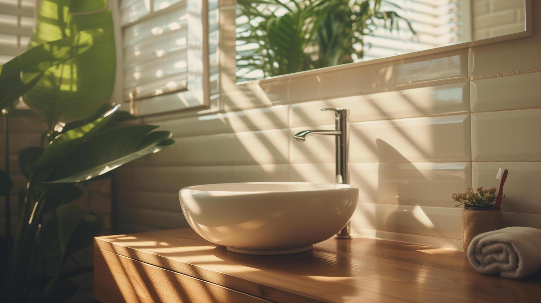 AI generated Modern wood vanity counter top and wall tiles with ceramic wash basin and minimal style faucet in bathroom in warm morning sunlight photo