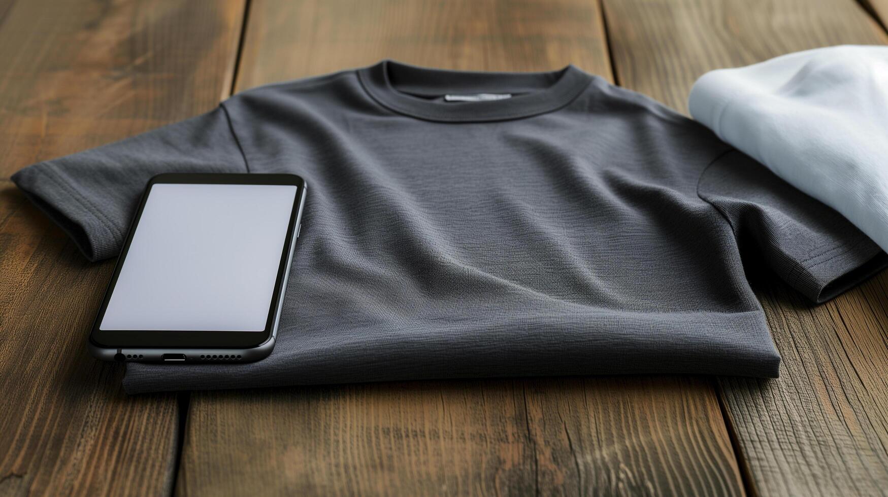 AI generated Top view of blank grey tshirt unisex mockup with empty screen smartphone for design template on wood background photo