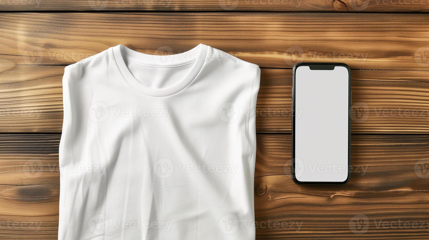 ai generado parte superior ver de blanco blanco camiseta unisexo Bosquejo con vacío pantalla teléfono inteligente para diseño modelo en madera antecedentes foto