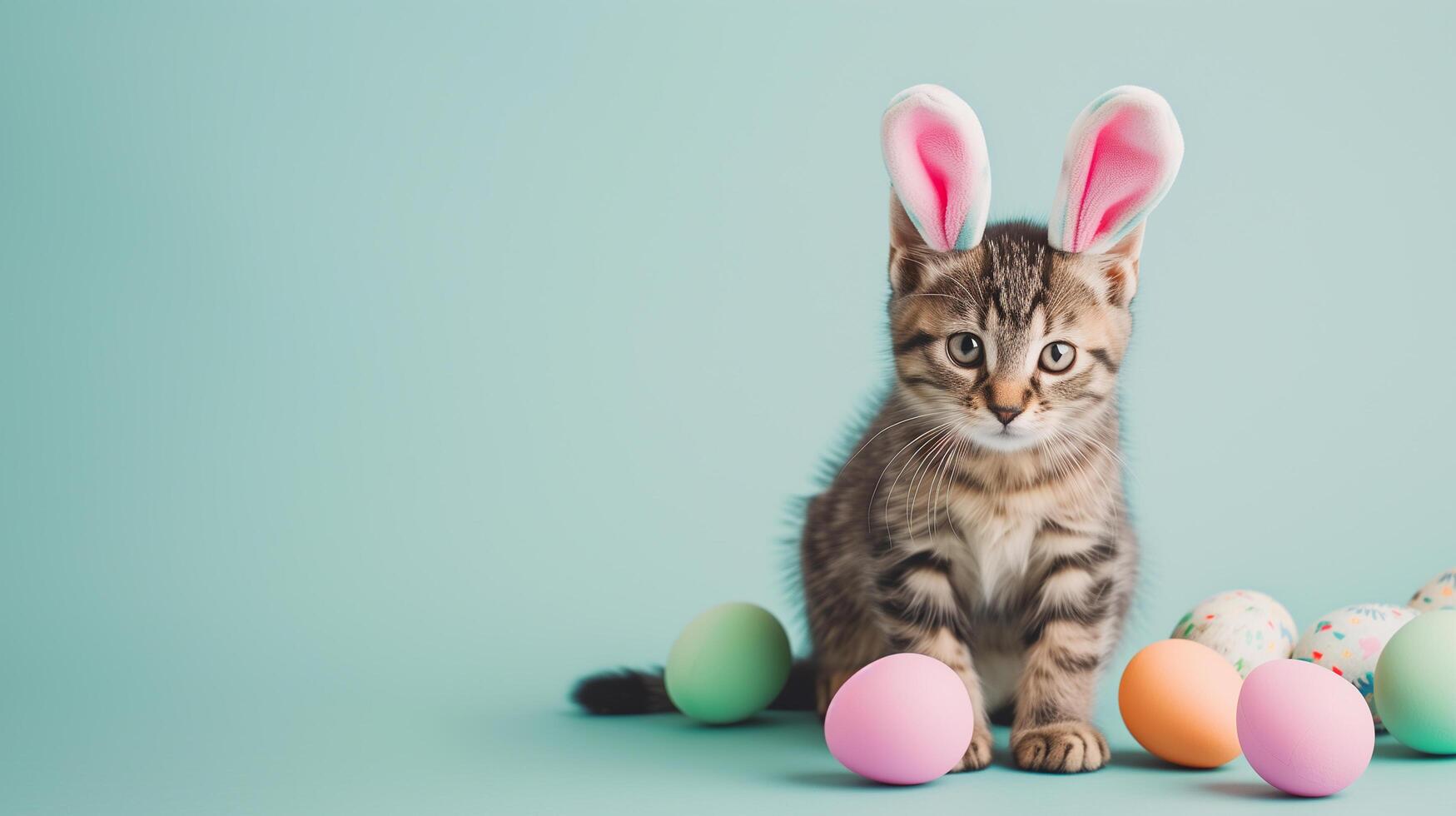 AI generated Cute cat wearing bunny ears headband studio shot background surrounding by easter eggs, easter celebration concept photo