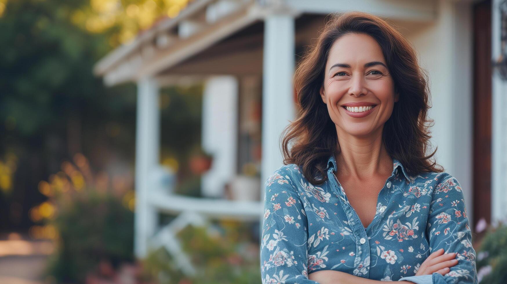 AI generated Proud home owner woman feeling happy standing in front of her new home, moving in and real estate concept photo