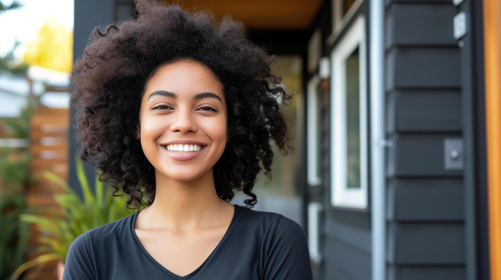 AI generated Proud home owner woman feeling happy standing in front of her new home, moving in and real estate concept photo