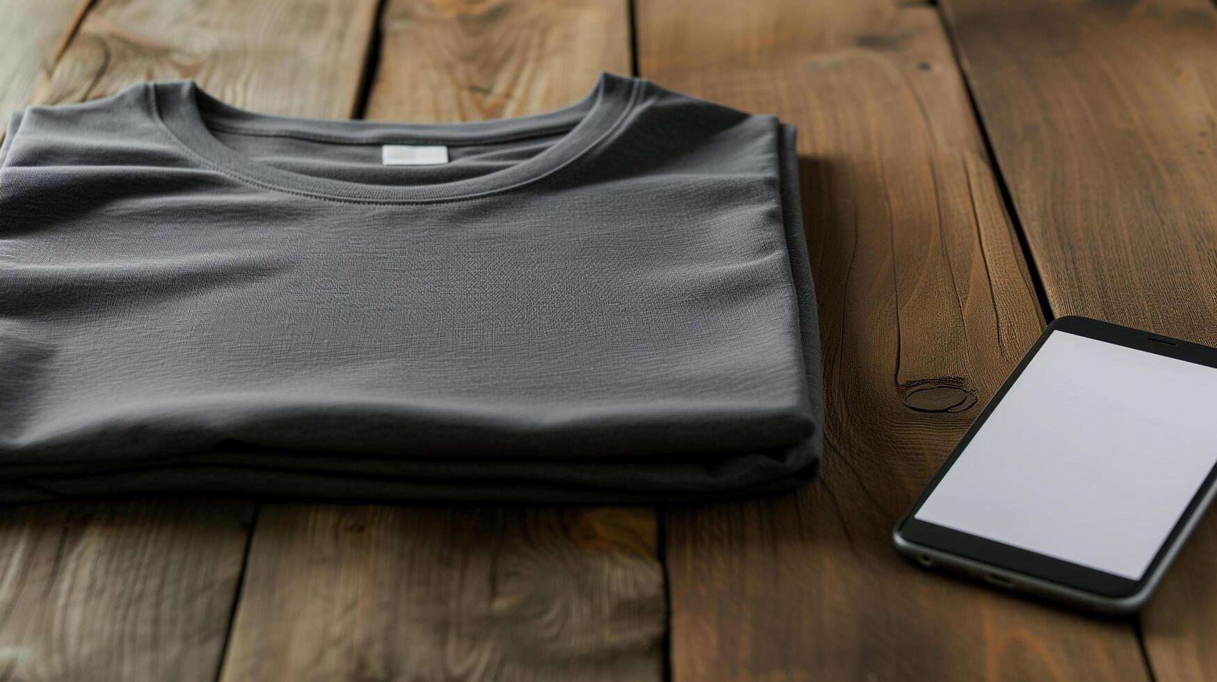 AI generated Top view of blank grey tshirt unisex mockup with empty screen smartphone for design template on wood background photo