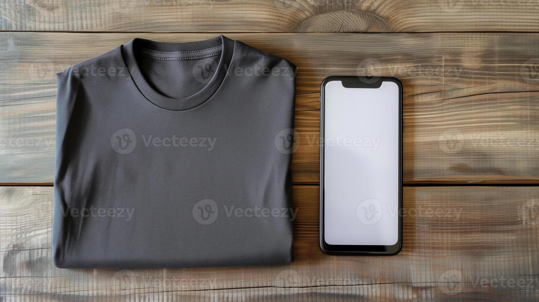 AI generated Top view of blank grey tshirt unisex mockup with empty screen smartphone for design template on wood background photo