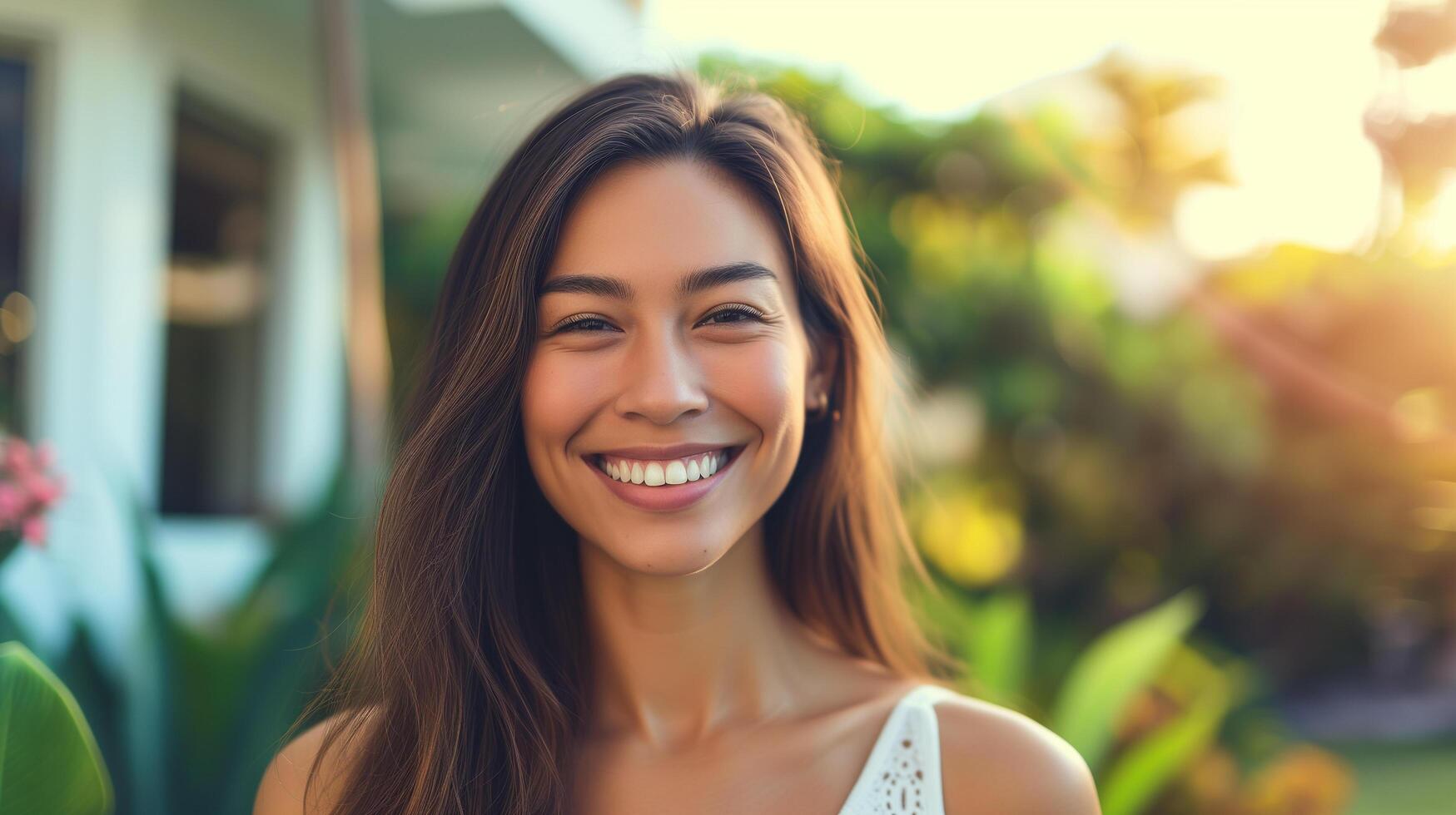AI generated Proud home owner woman feeling happy standing in front of her new home, moving in and real estate concept photo