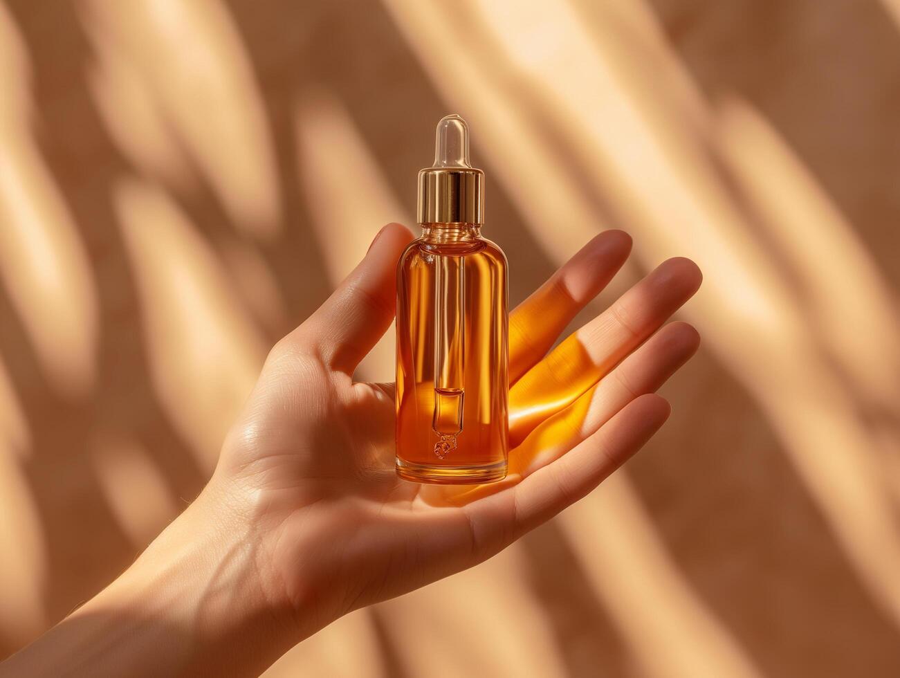 AI generated Close up of glass bottle with dropper lid mockup in female hands, cosmetic product serum on brown background with sunlight photo