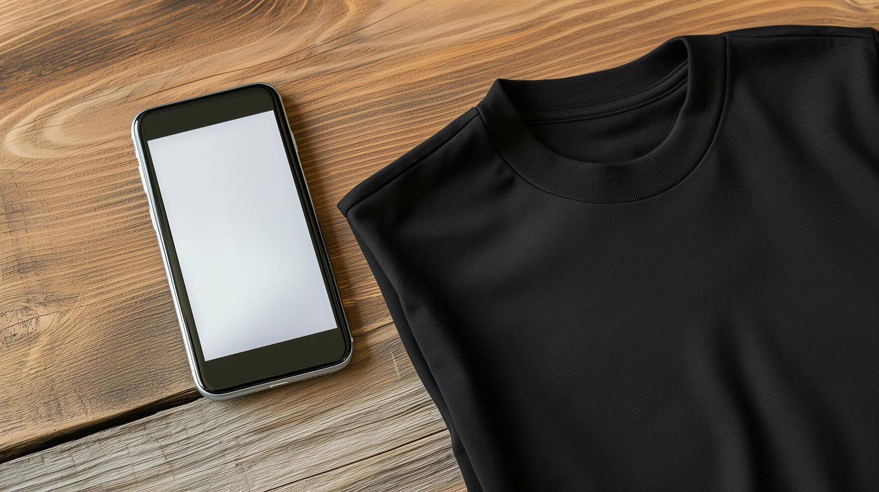 AI generated Top view of blank black tshirt unisex mockup with empty screen smartphone for design template on wood background photo