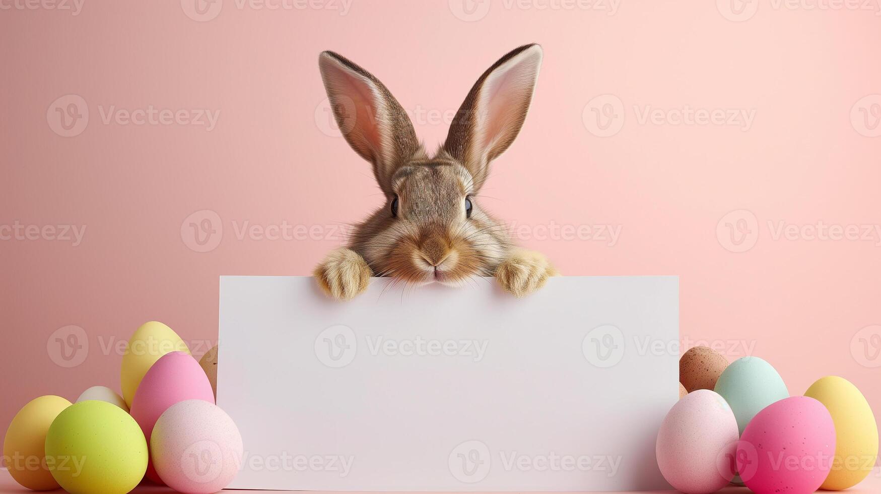 AI generated Easter bunny holding blank white card and painted easter eggs decorations for spring celebration photo