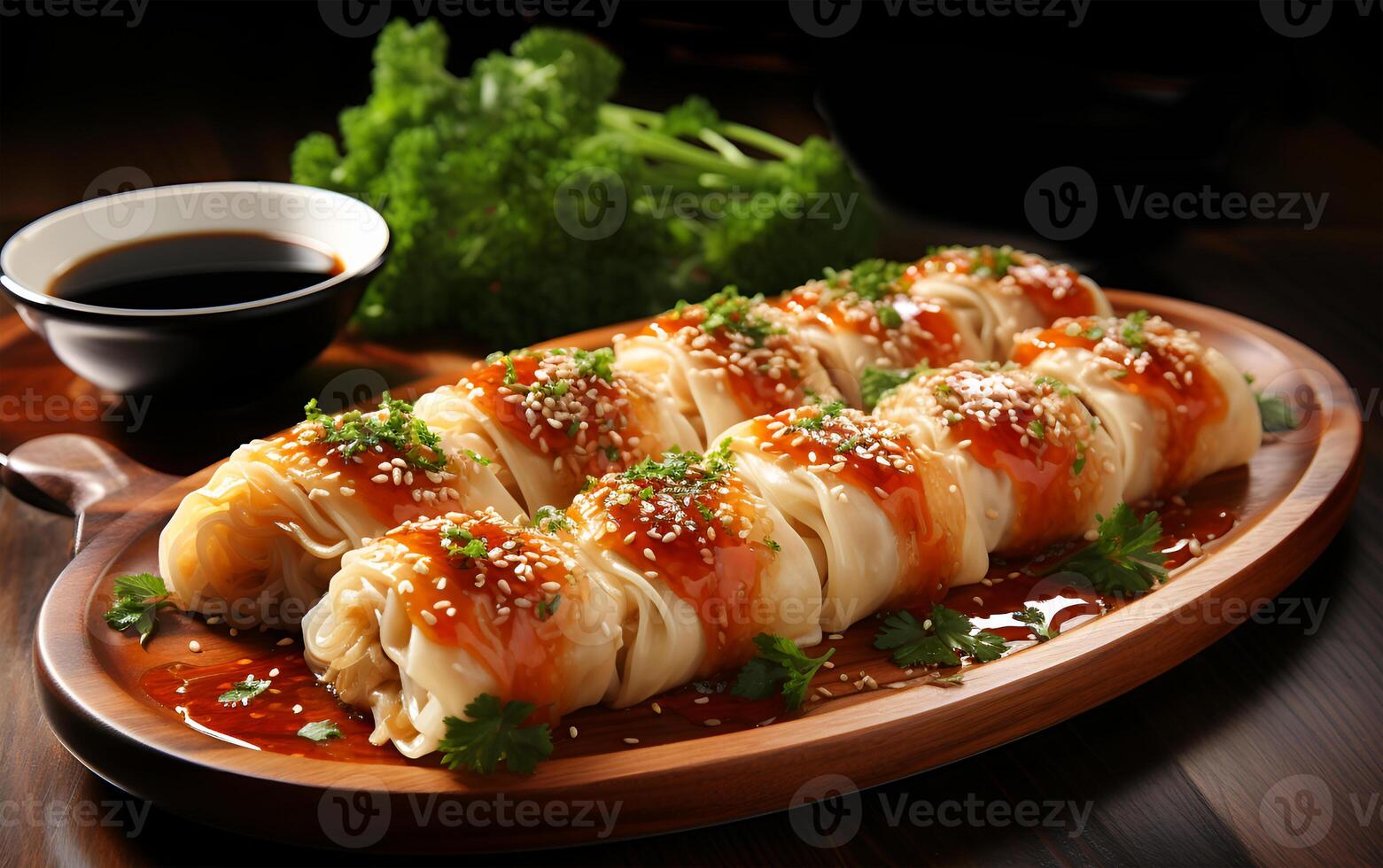 AI generated Delicious noodle roll food on a plate on a wooden table photo