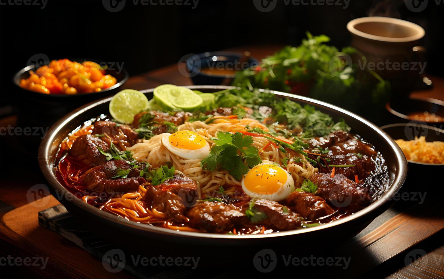 AI generated View of Beautiful delicious food meat noodle BBQ yum tum menu on a plate photo