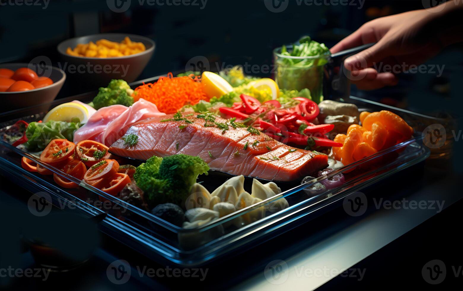 AI generated View of tomato with various vegetables and delicious meat on a large plate photo