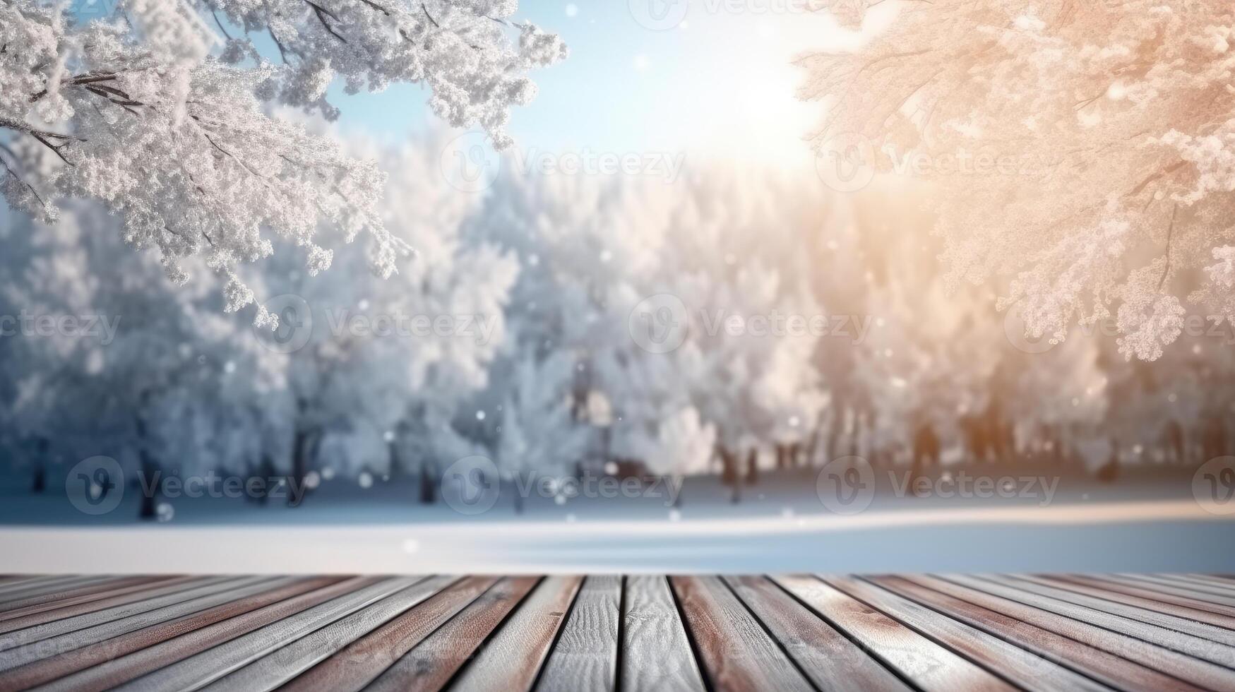 AI generated Empty wooden table top view with blurred background of snow and trees winter season. Template mockup for display of product. photo