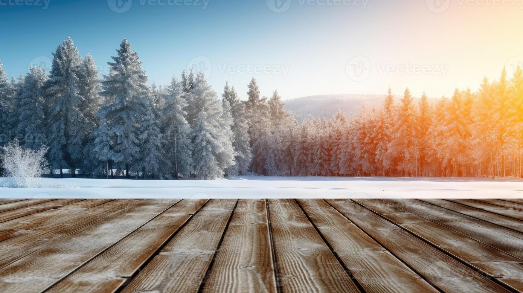 AI generated Empty wooden table top view with blurred background of snow and trees winter season. Template mockup for display of product. photo