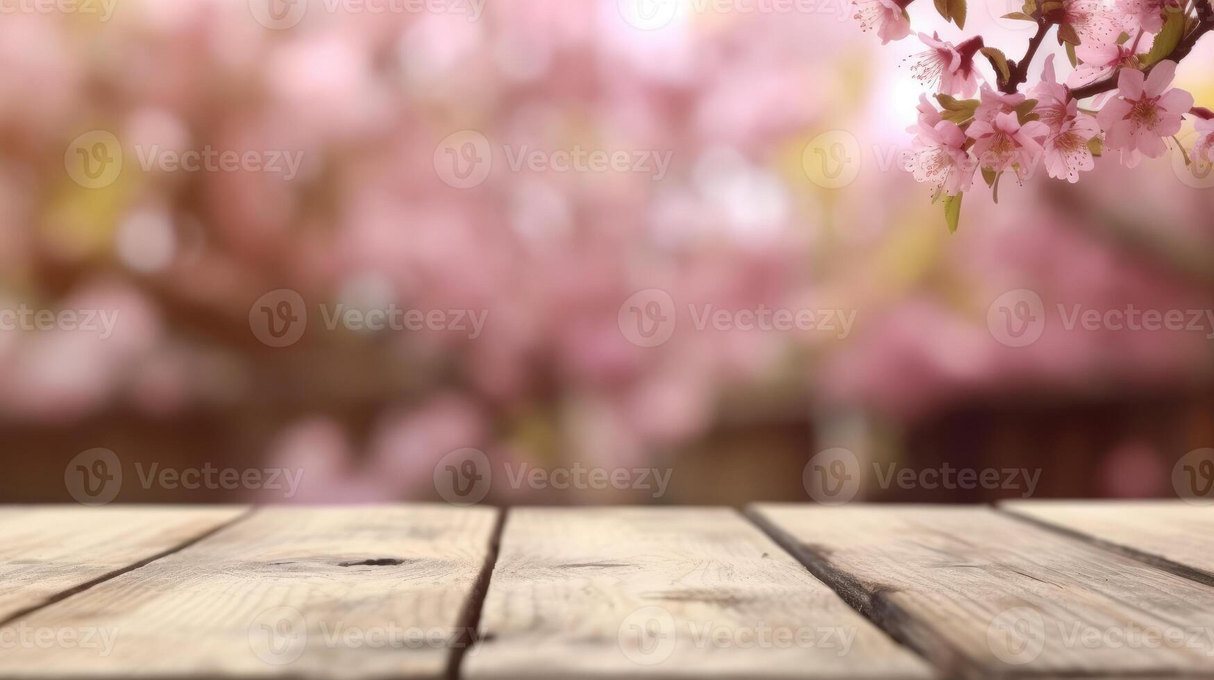 AI generated Empty wooden table top with blur background of pink flowers. Template mock up for display of product. photo
