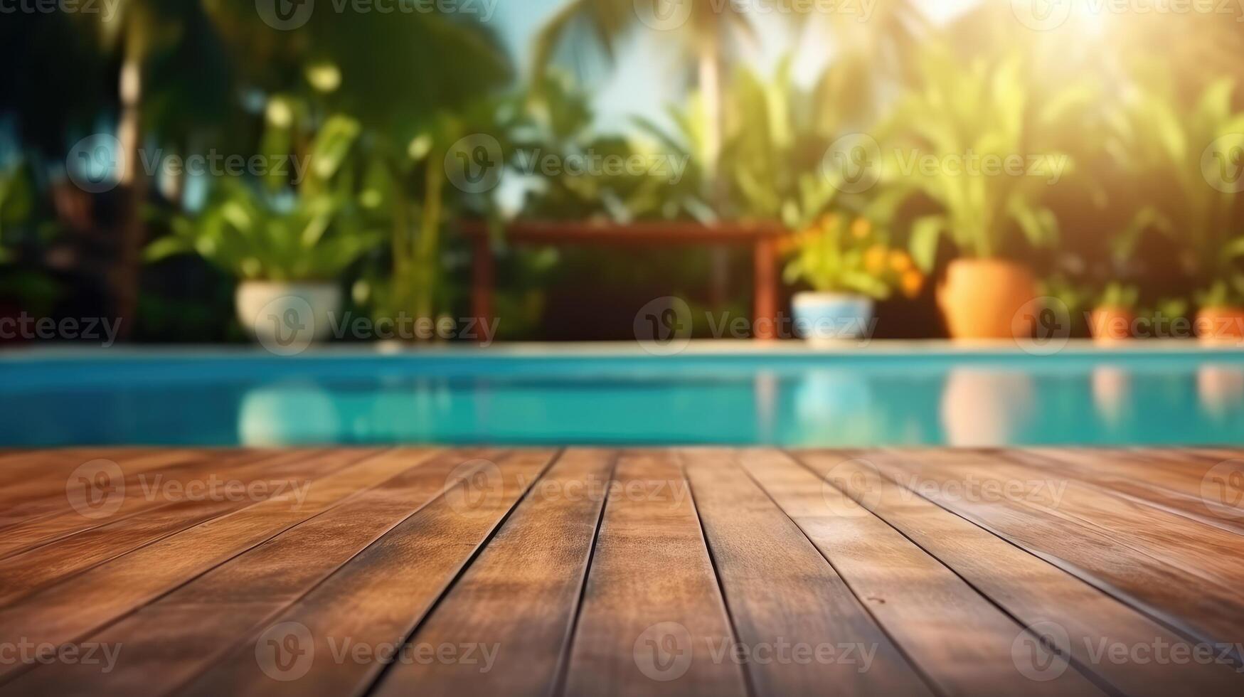 AI generated Empty wooden table top view with blurred background of swimming pool. Template mockup for display of product. photo