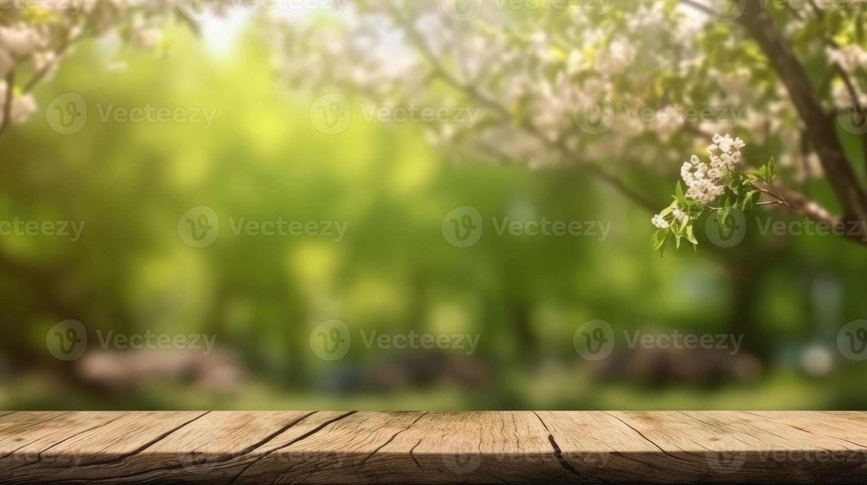 AI generated Empty wooden table top in flower Park with blur background of pink flowers. Template mock up for display of product. photo