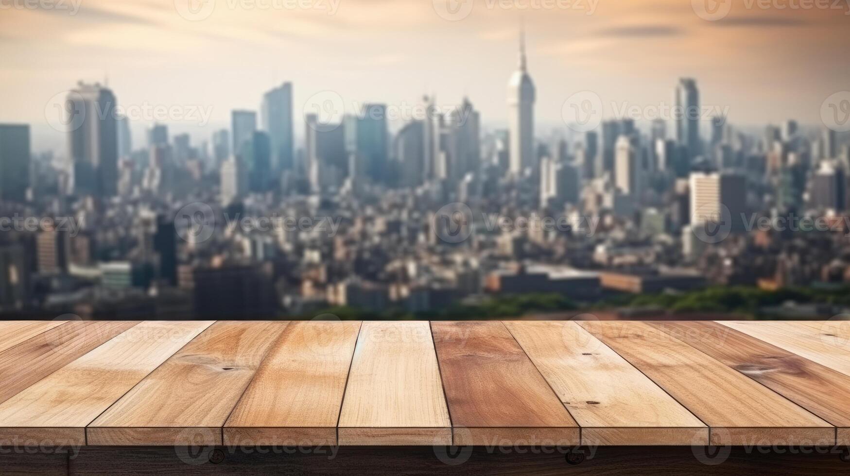 AI generated Empty wooden table top with blur background of downtown business district or city park skyline. Template mock up for display of product. photo