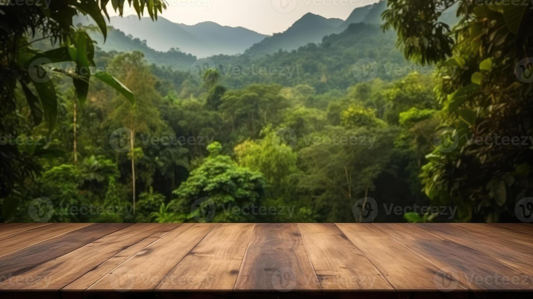 AI generated Empty wooden table top with background of nature. Template mock up for display of product. photo