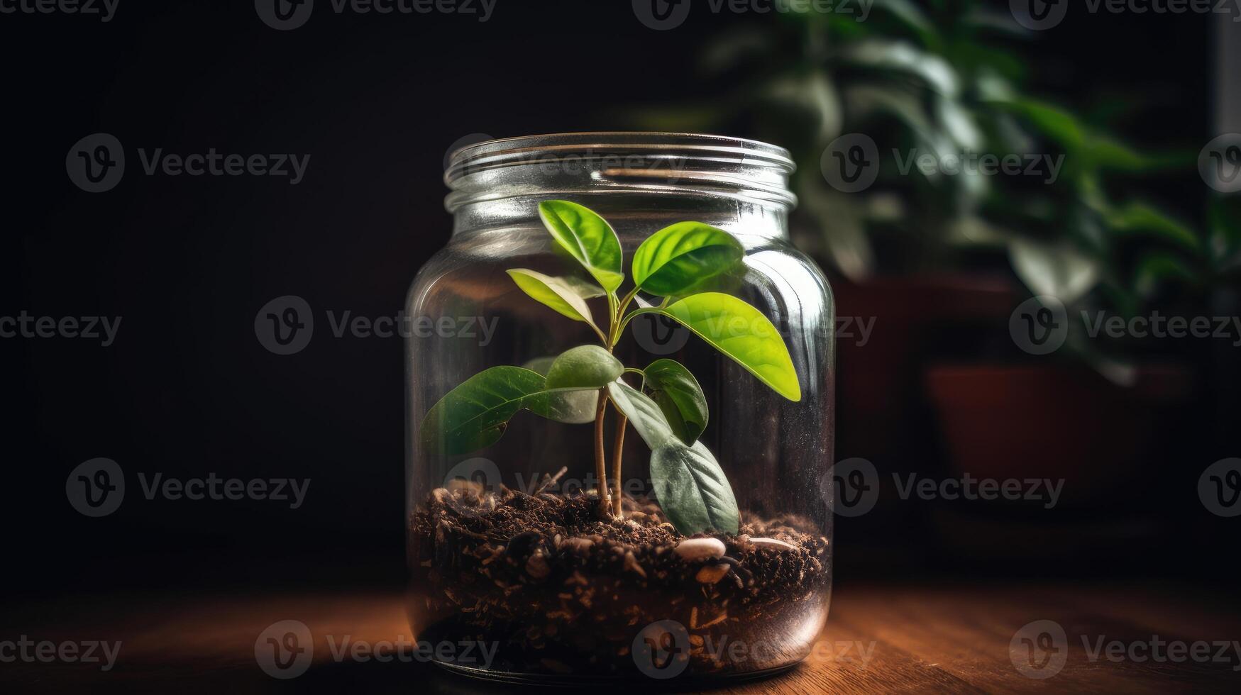 AI generated Close up of a young plant sprouting from the soil in glass jar. photo