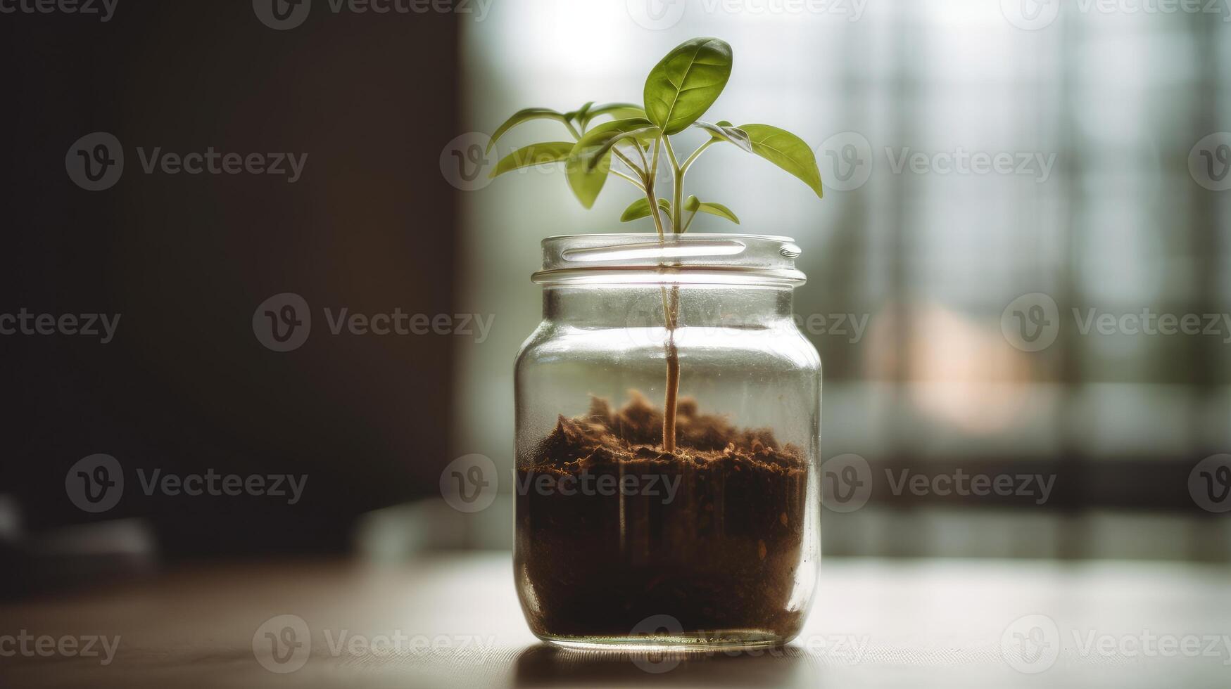 AI generated Close up of a young plant sprouting from the soil in glass jar. photo