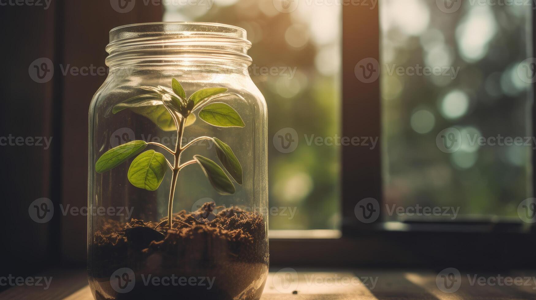 AI generated Close up of a young plant sprouting from the soil in glass jar. photo