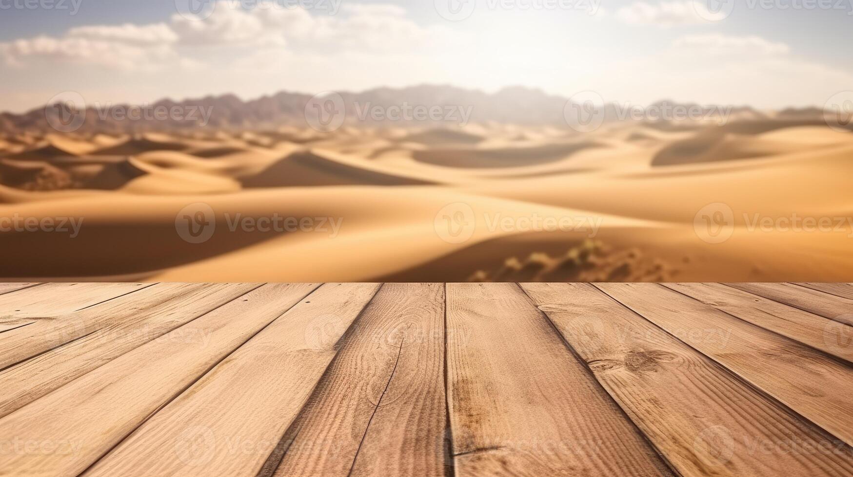 AI generated Empty wooden table top with blur background of desert. Template mock up for display of product. photo
