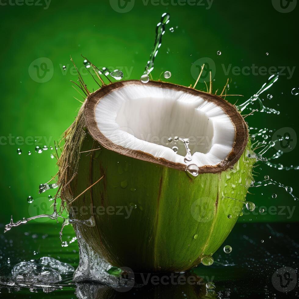 AI generated Fresh green half sliced coconut with drops of water isolated on dark green background. photo