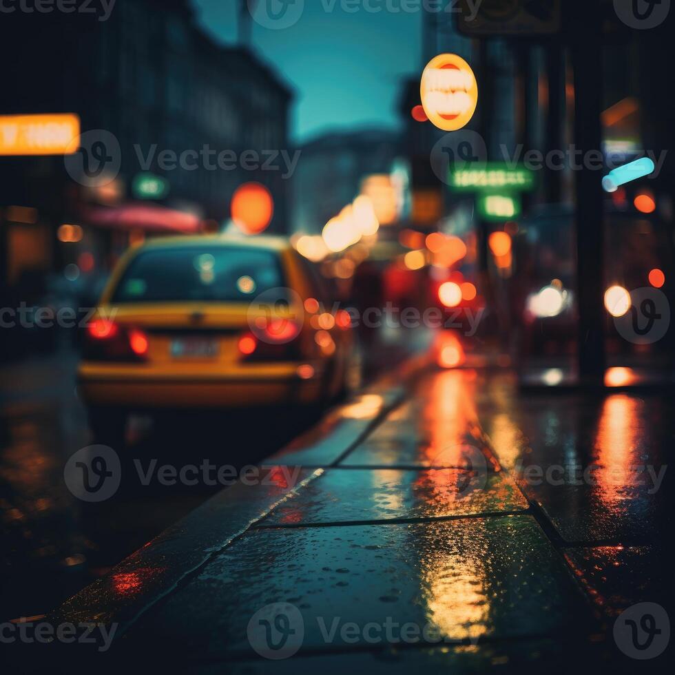 AI generated Blurry background of a taxi on a wet street in the city. Colorful lighting on a rainy night. photo