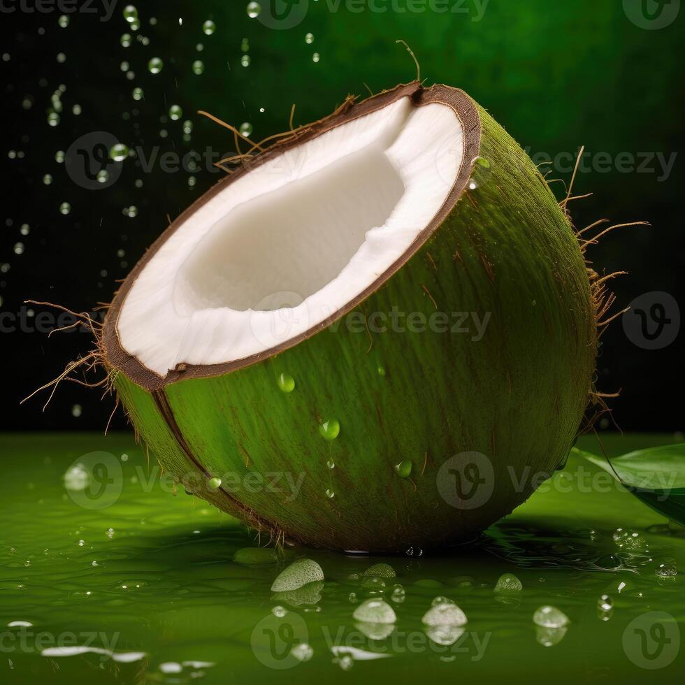 AI generated Fresh green half sliced coconut with drops of water isolated on dark green background. photo