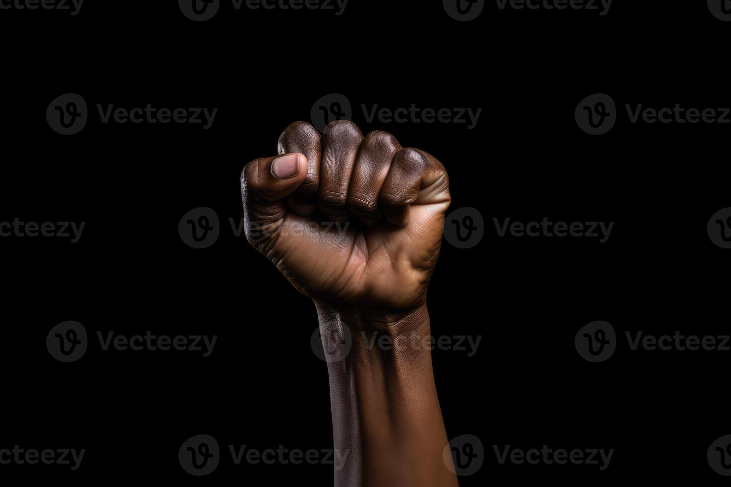 AI generated A raised hand of a man's clenched fists isolated on a dark background. Concept of protest, stop racism, freedom, revolution, victory. photo