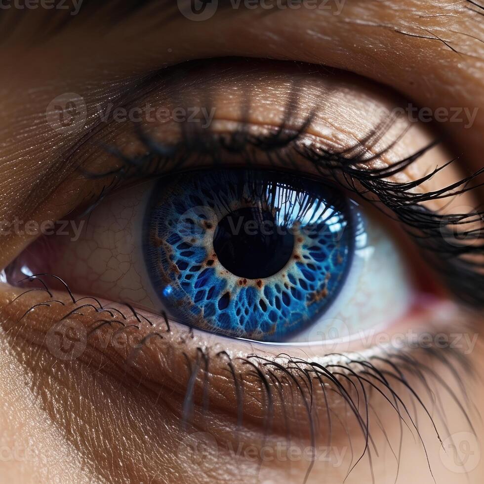 AI generated Closeup image of a blue unreal human eye. Macro shot photography. photo