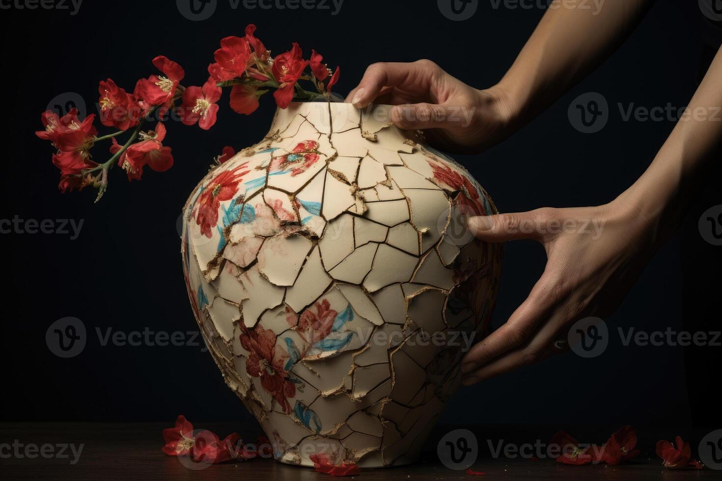 AI generated Hand holding a beautiful old broken flower vase isolated on a dark background. photo