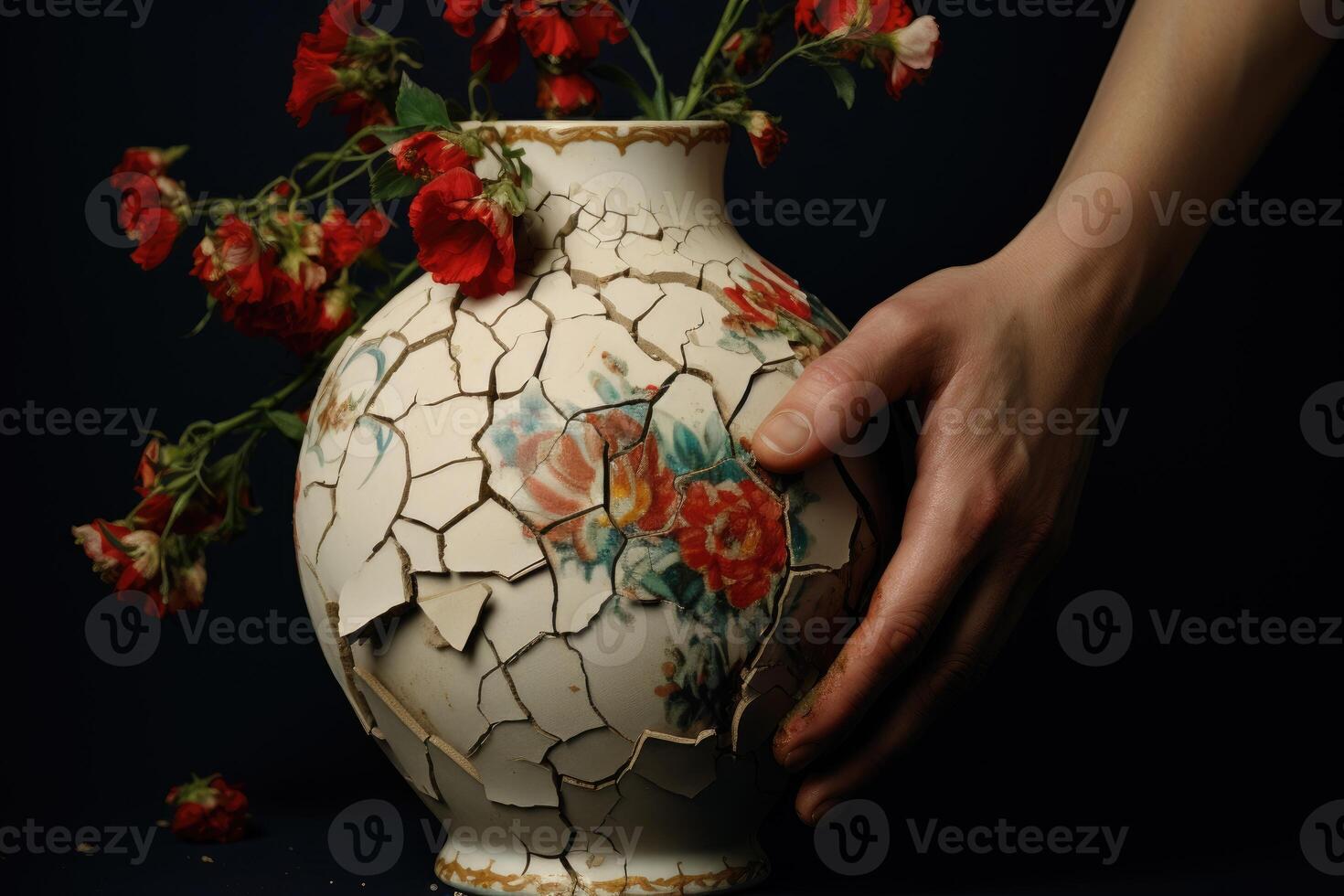 AI generated Hand holding a beautiful old broken flower vase isolated on a dark background. photo