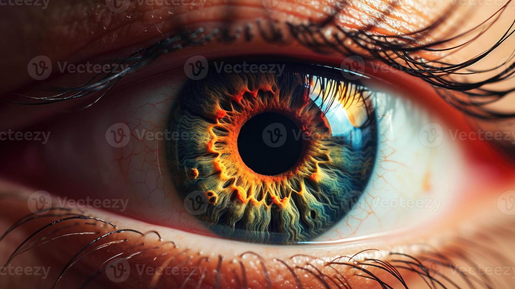 AI generated Extreme closeup image of a human eye. Macro photography with the concept of healthy vision, eye treatment education, and futuristic professional photo shoots.