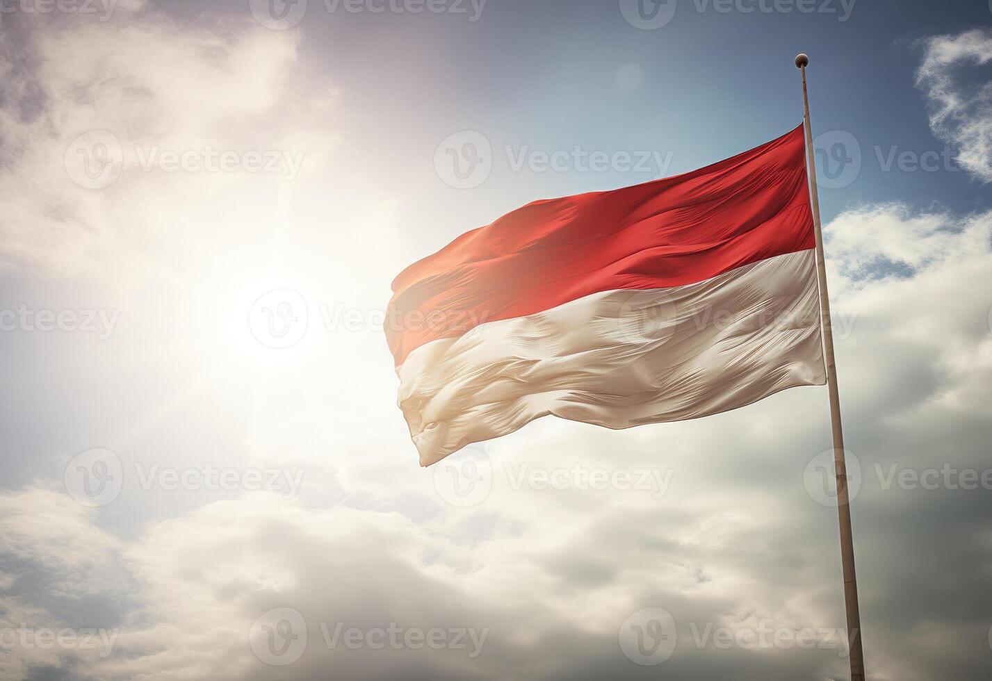 AI generated Indonesia flag in front of a shiny blue sky. Indonesian flag blowing in the wind. photo