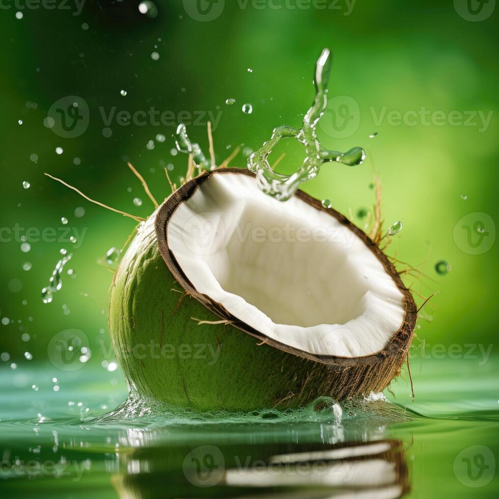 AI generated Fresh half-cracked coconut fall into water and make a beautiful water splash, isolated on light green background. photo