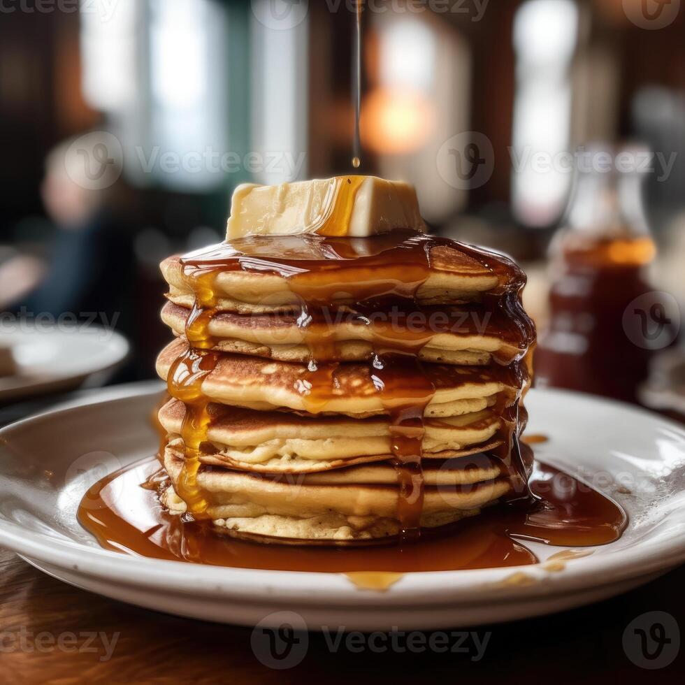 AI generated Towering stack of pancakes covered in maple syrup and butter. Closeup food photography with blurred background. photo