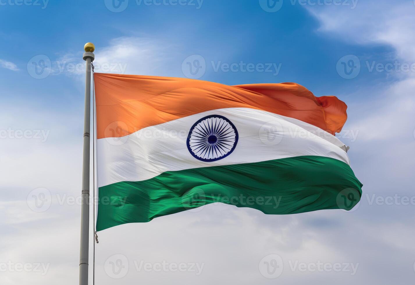 AI generated Indian Flag blowing in the wind against shiny blue sky. photo
