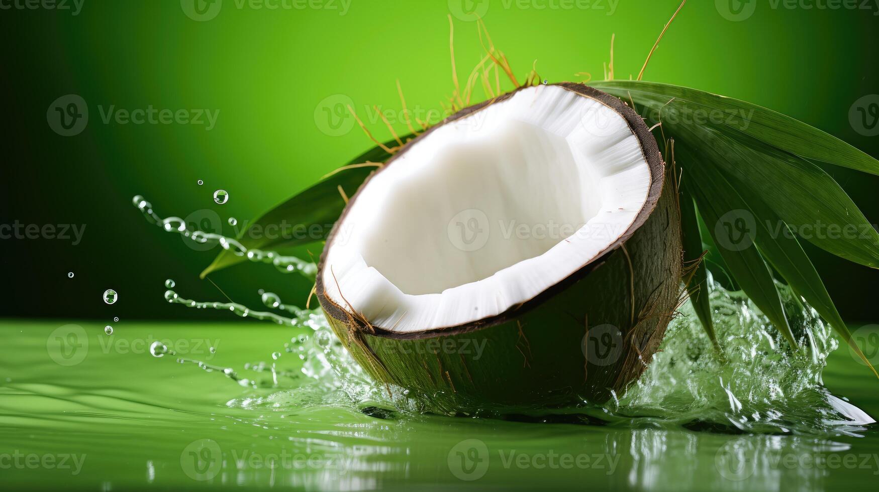 AI generated Fresh half-cracked coconut fall into water and make a beautiful water splash, isolated on light green background. photo