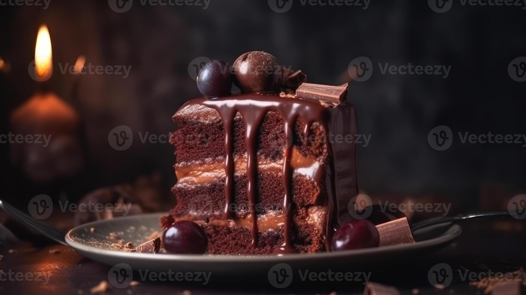 AI generated Closeup of a slice of tasty homemade chocolate cake decorated with cream on a plate isolated on a beautiful studio background with candlelight. photo