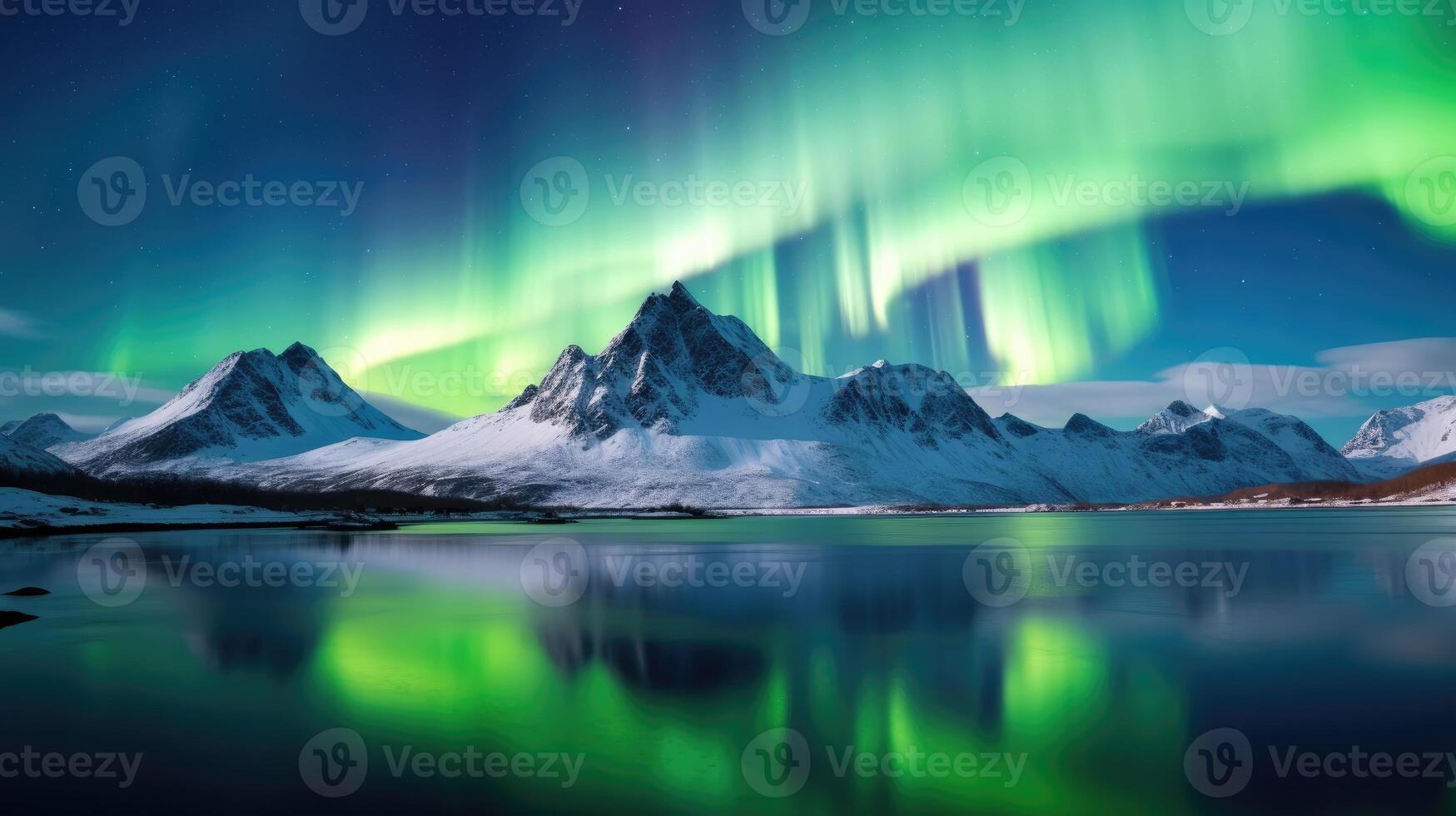 AI generated Northern Lights Majestic Aurora Borealis Over Icebergs, Snow Mountains, and Lakes in Polar Regions. photo