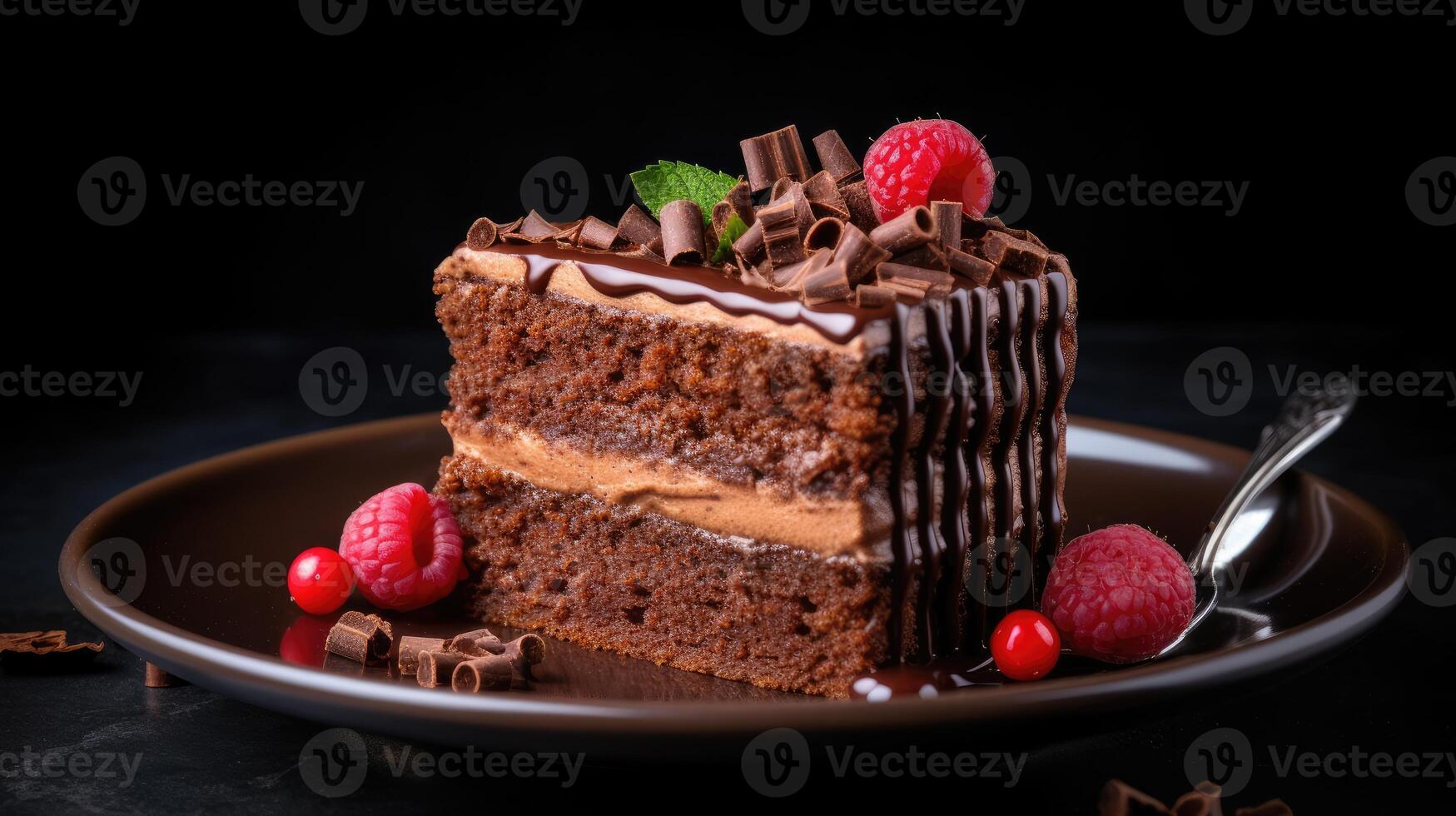 AI generated Chocolate cake with sponge cake and strawberries on a plate isolated on a dark background. Closeup food photography. photo