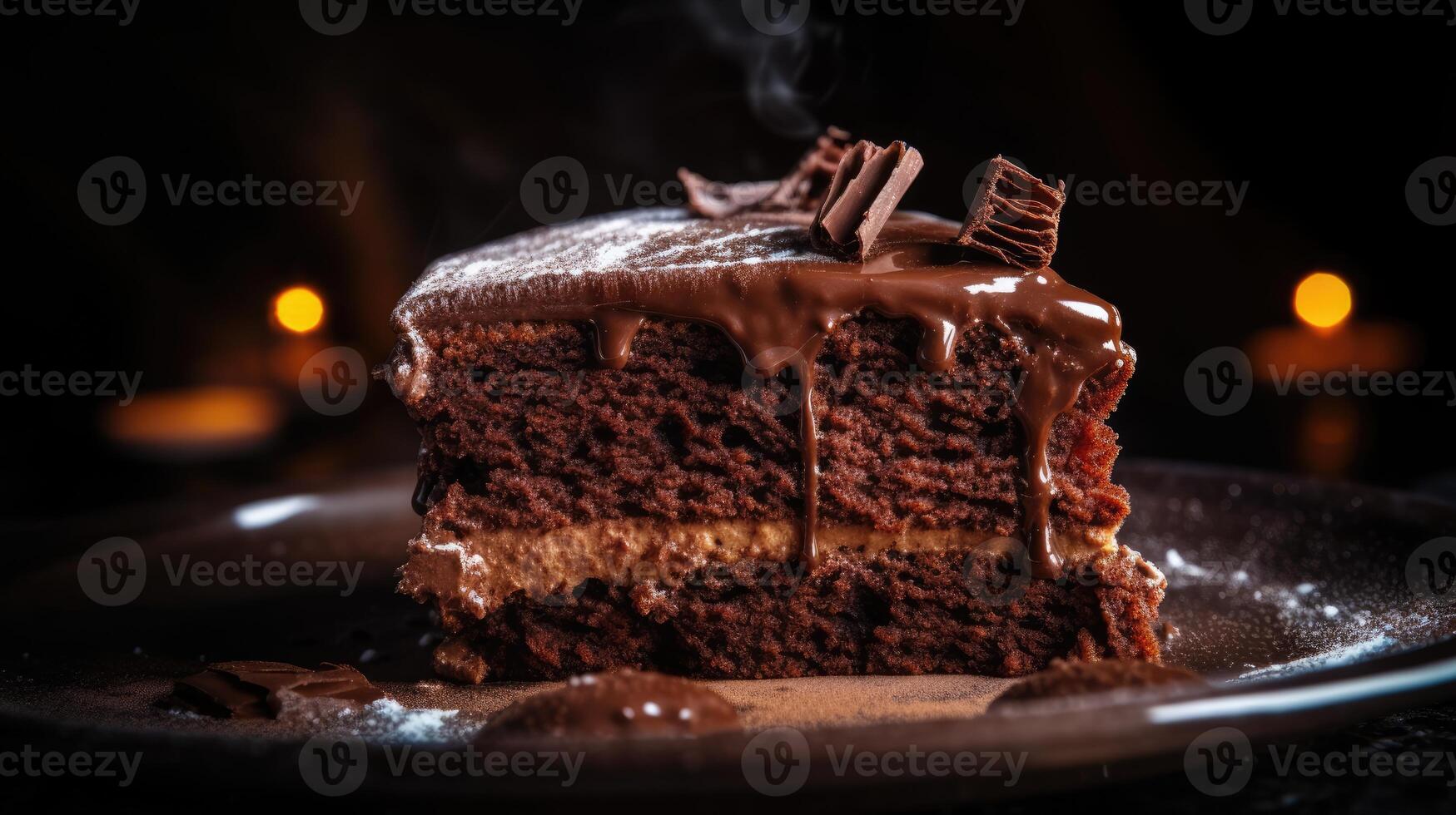 AI generated Closeup of a slice of tasty homemade chocolate cake decorated with cream on a plate isolated on a beautiful studio background with candlelight. photo